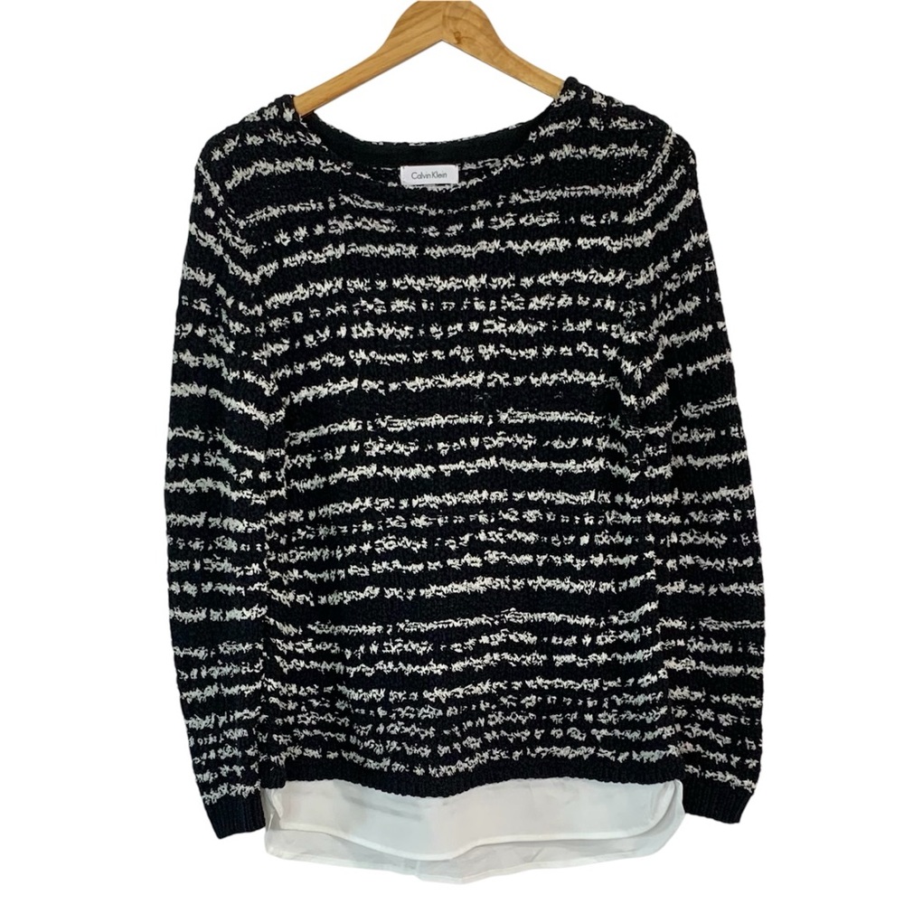 CALVIN KLEIN Striped Fuzzy 97% Cotton Crewneck Sweater